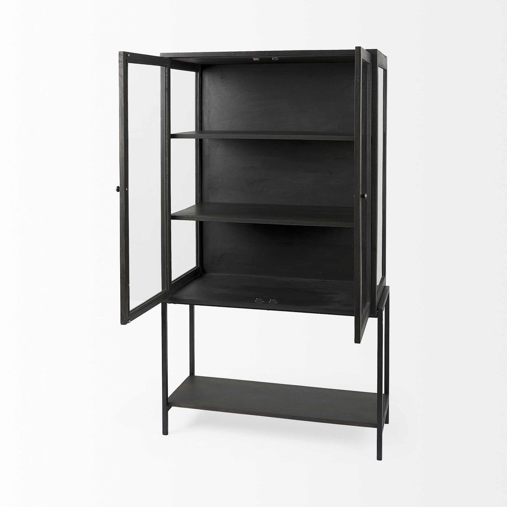Arelius 36L x 18W x 63H Black-Brown Wood with Black Metal Base Display Cabinet large image 