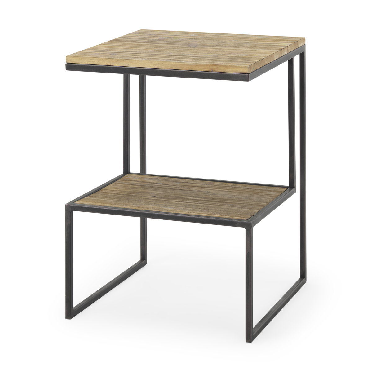 Ronin 22'H Square 2-Tier Wood with Black Metal Accent Table, Side & End Table by Mercana, 16.14" length x 16.14" width x 21.06" height View 1