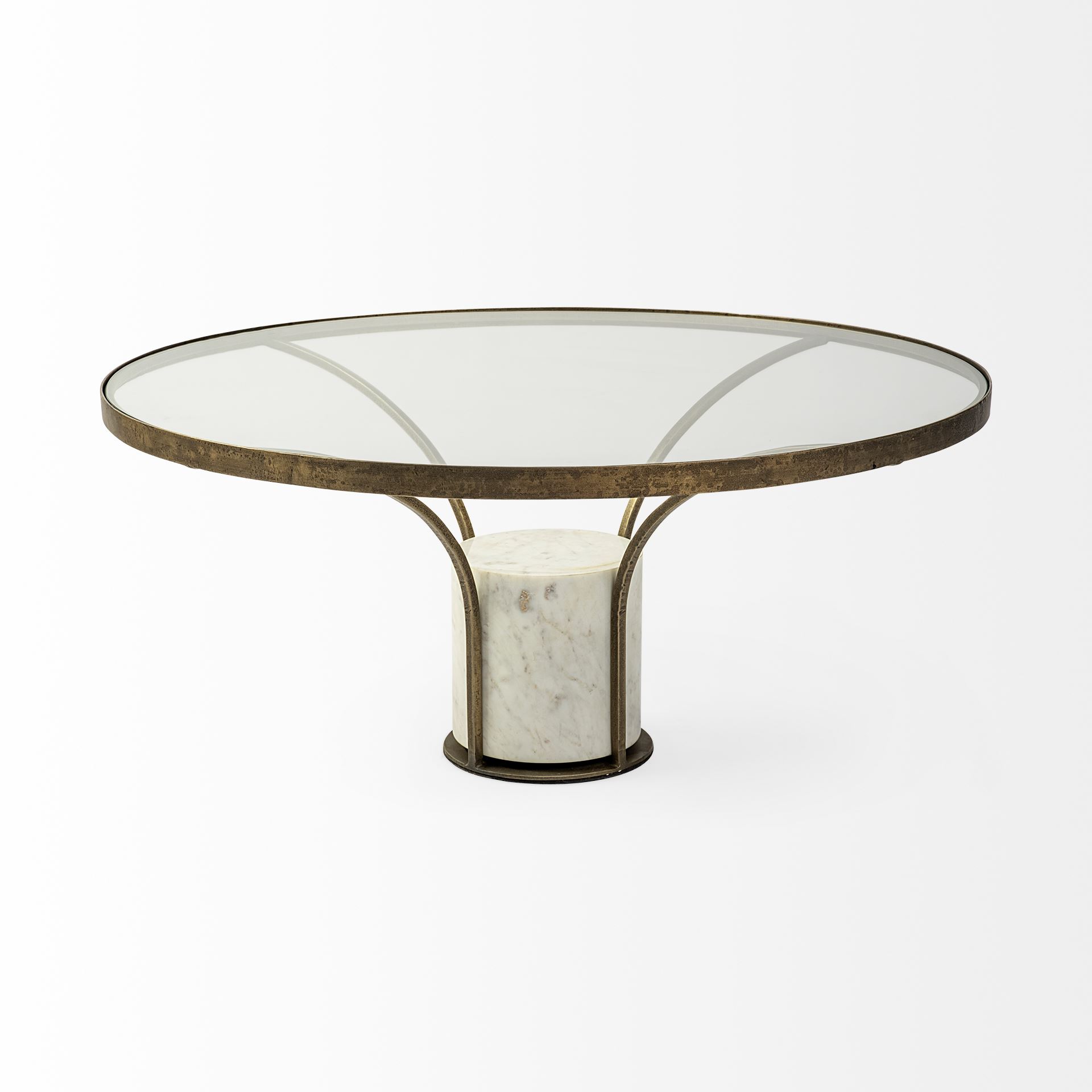 Jacinta 36' Round Glass Top Metal and Marble Pedestal Coffee Table, by Mercana, 36" length x 36" width x 16" height View 3