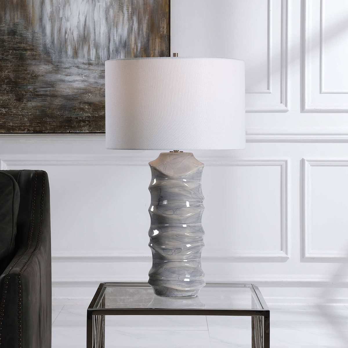 Waves Blue & White Table Lamp, by Uttermost, 16" width x 27.5" height x 16" depth View 2