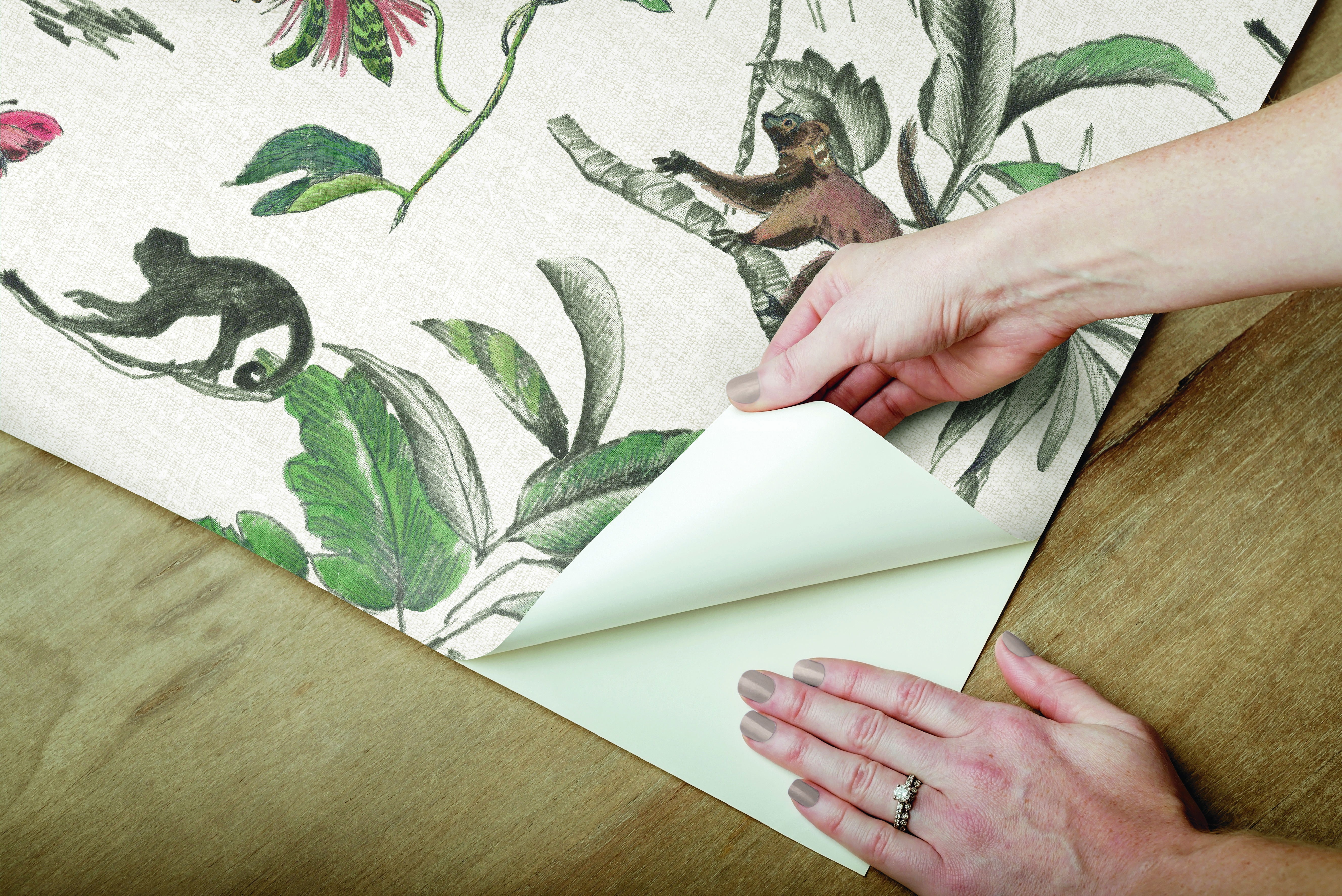 Botanicals & Lemurs White & Green Peel & Stick Wallpaper large image 