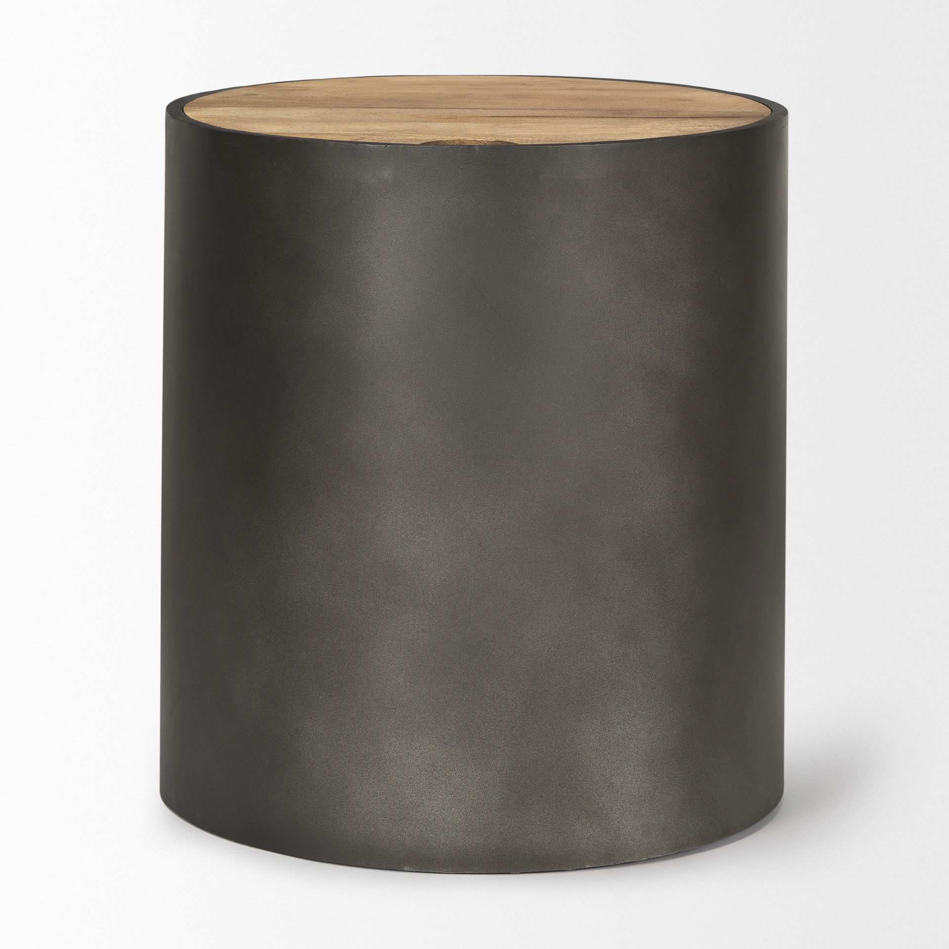 Eclipse Gunmetal Gray Drum Base with Brown Wood Top End/Side Table, Side & End Table by Mercana, 20" length x 20" width x 22.05" height View 7