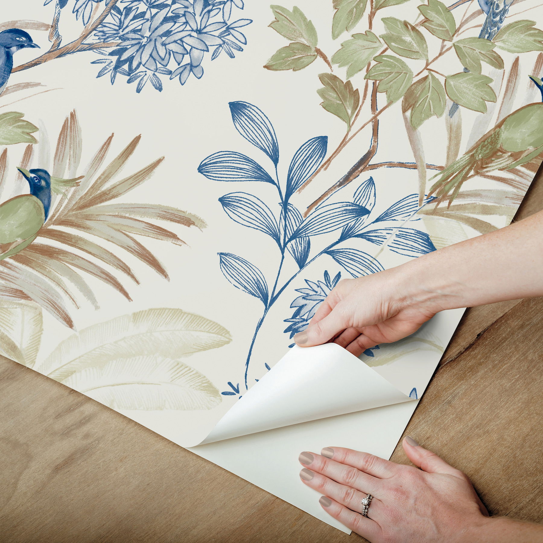 Handpainted Songbird Green & Blue Peel & Stick Wallpaper large image 