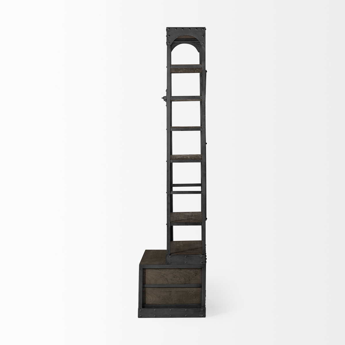 Brodie VII 32L x 22W x 94H Brown Wood Gun-Metal Bracing Four Shelf Shelving Unit, Shelving & Bookcase by Mercana, 31.5" length x 21.5" width x 94" height View 6