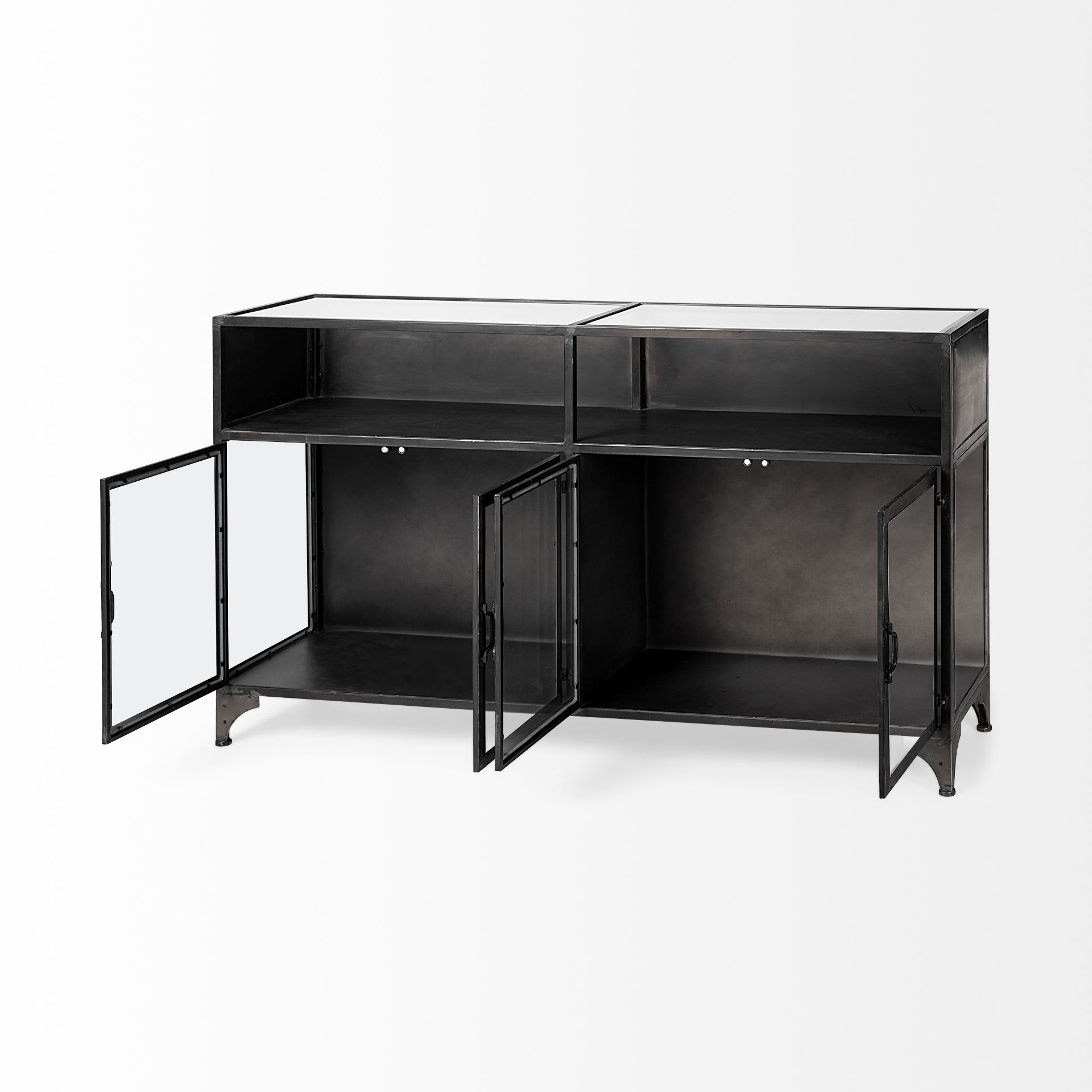 Pender 63' L Black Metal Glass Door Display Cabinet, Cabinets & Sideboard by Mercana, 63" length x 17.25" width x 36" height View 7