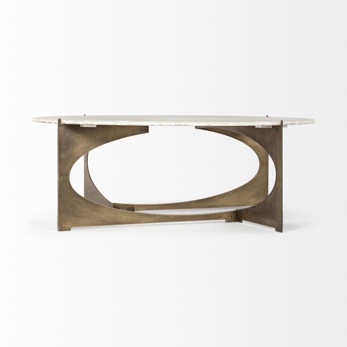 Reinhold 49' Round White Marble Top Gold Metal Base Coffee Table, by Mercana, 49" length x 49" width x 17" height View 9