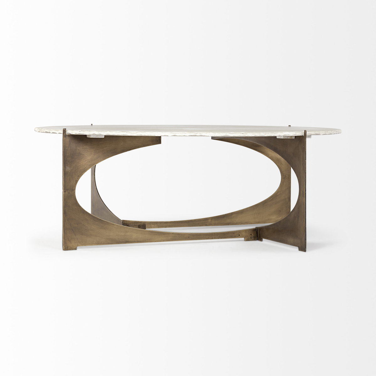 Reinhold 49' Round White Marble Top Gold Metal Base Coffee Table, by Mercana, 49" length x 49" width x 17" height View 9