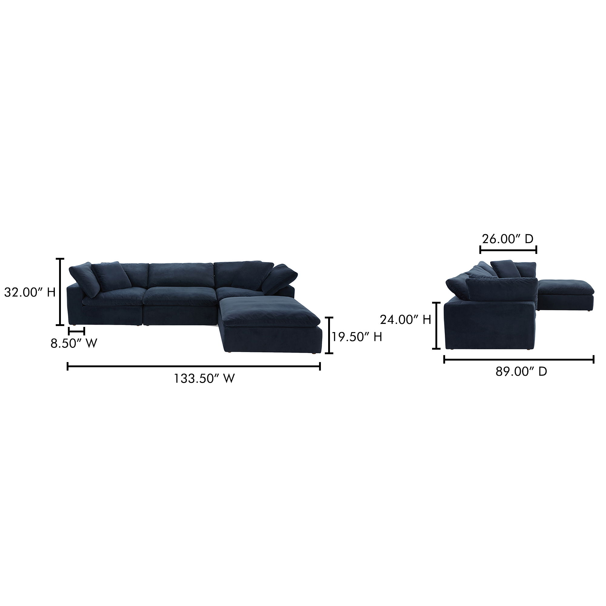 Clay Lounge Modular Sectional, Sectional Sofa by Moe's Home, 133.5" width x 32" height x 89" depth View 8