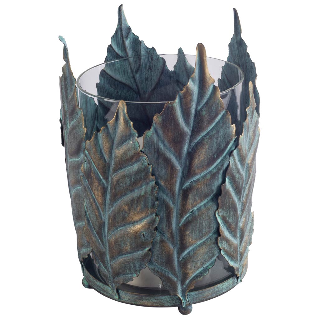 Pana I Small Green/Gold Metal Leaf Table Candle Holder, Candles & Candle Holder by Mercana, 5.32" length x 5.24" width x 7.6" height View 1