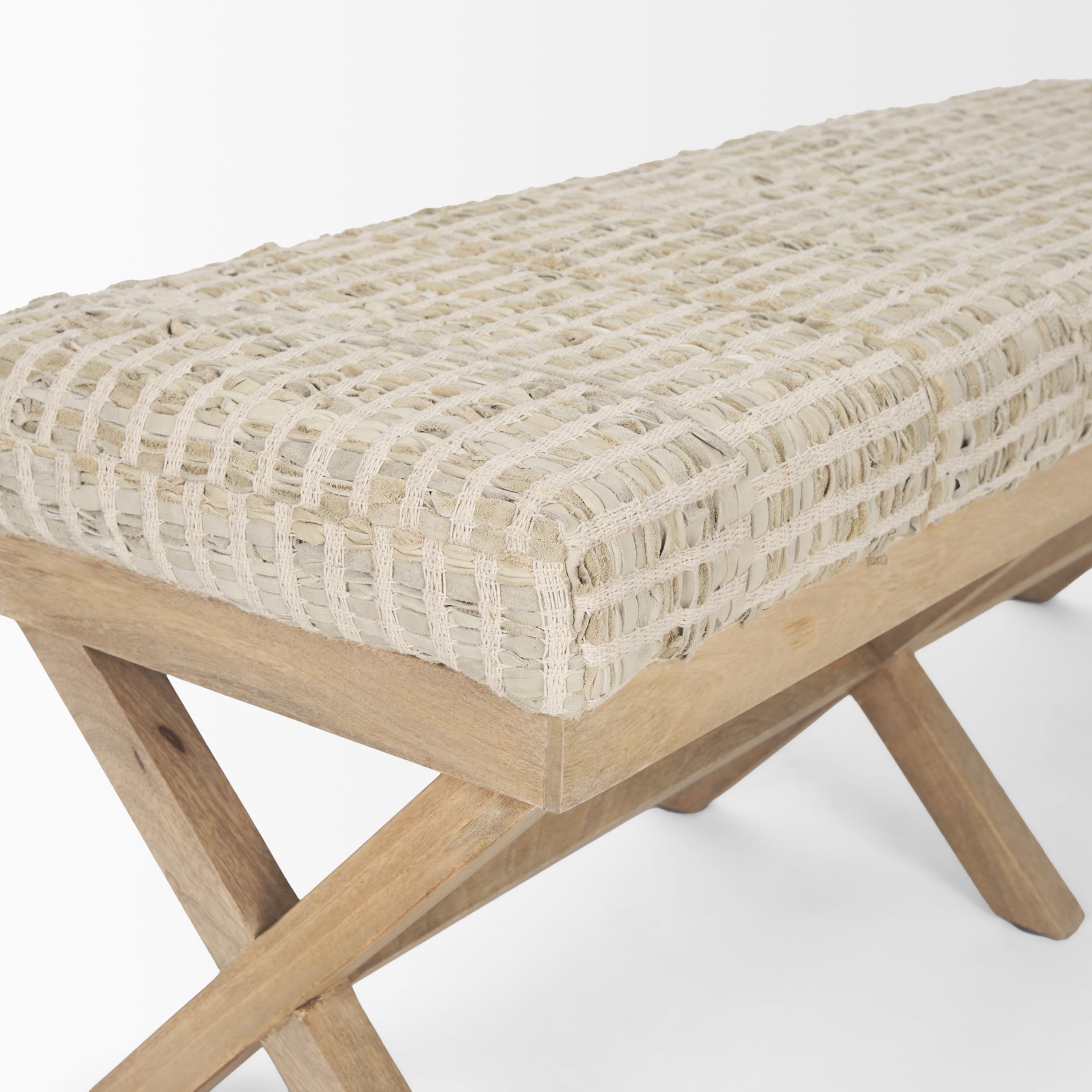 Solis II 50L x 16W Brown Base Beige Woven Leather Cushion Accent Bench large image 