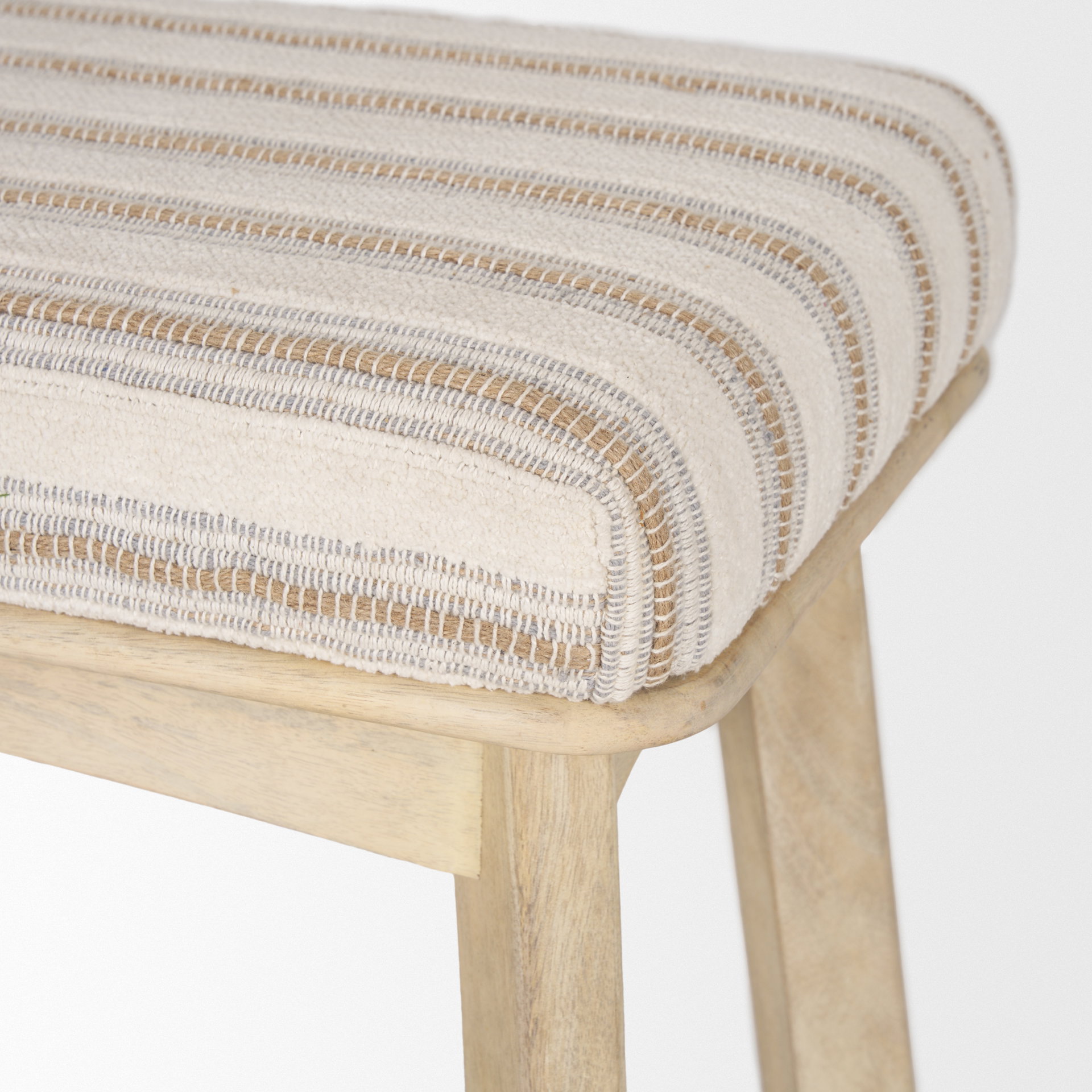 Taimo White Washed Light Brown Wood with Striped Fabric Seat Bench, Benche by Mercana, 62.2" length x 17" width x 19.3" height View 8