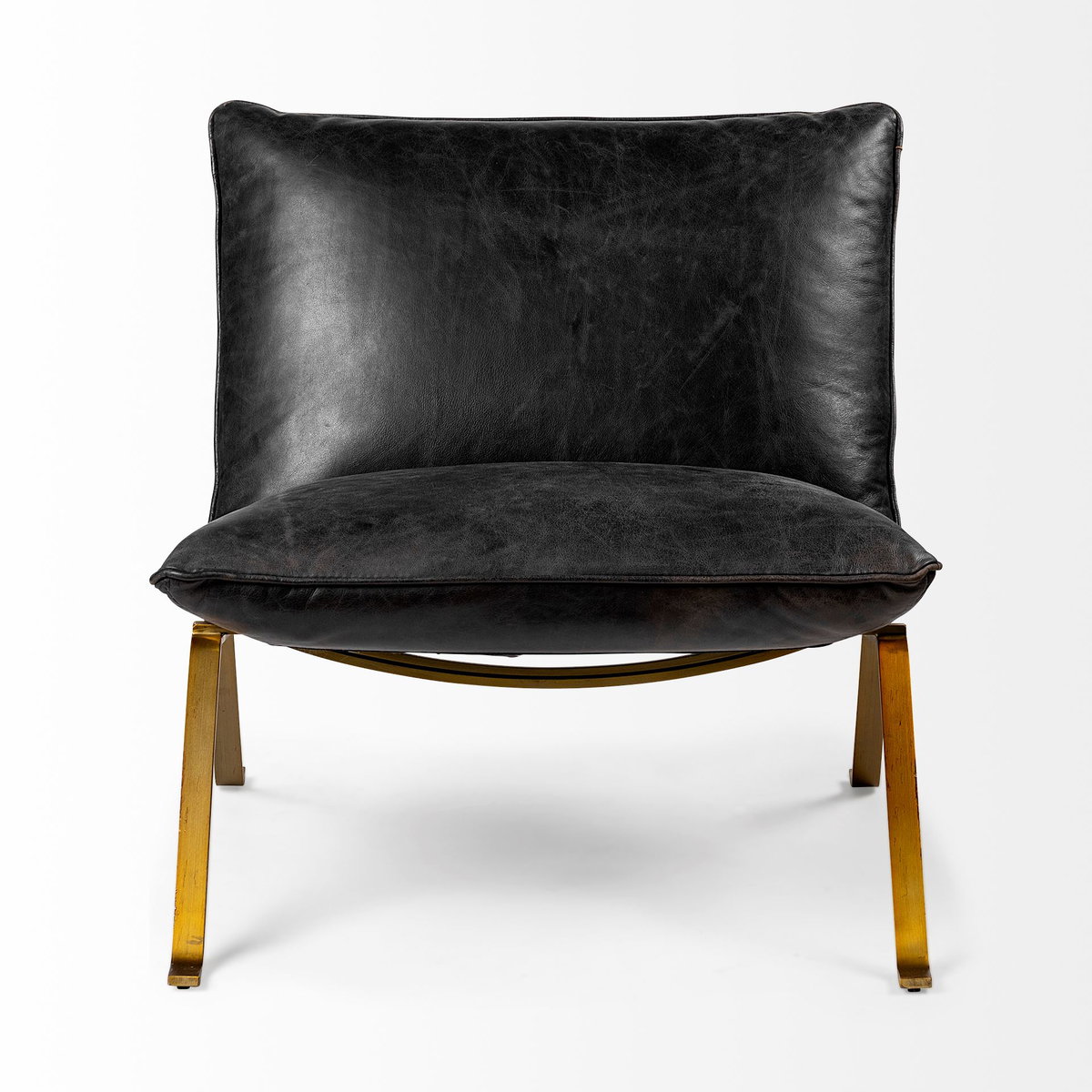 Flavelle II Black Leather Cushion Seat and Solid Iron Base Accent Chair, by Mercana, 28" length x 33.5" width x 27" height View 3