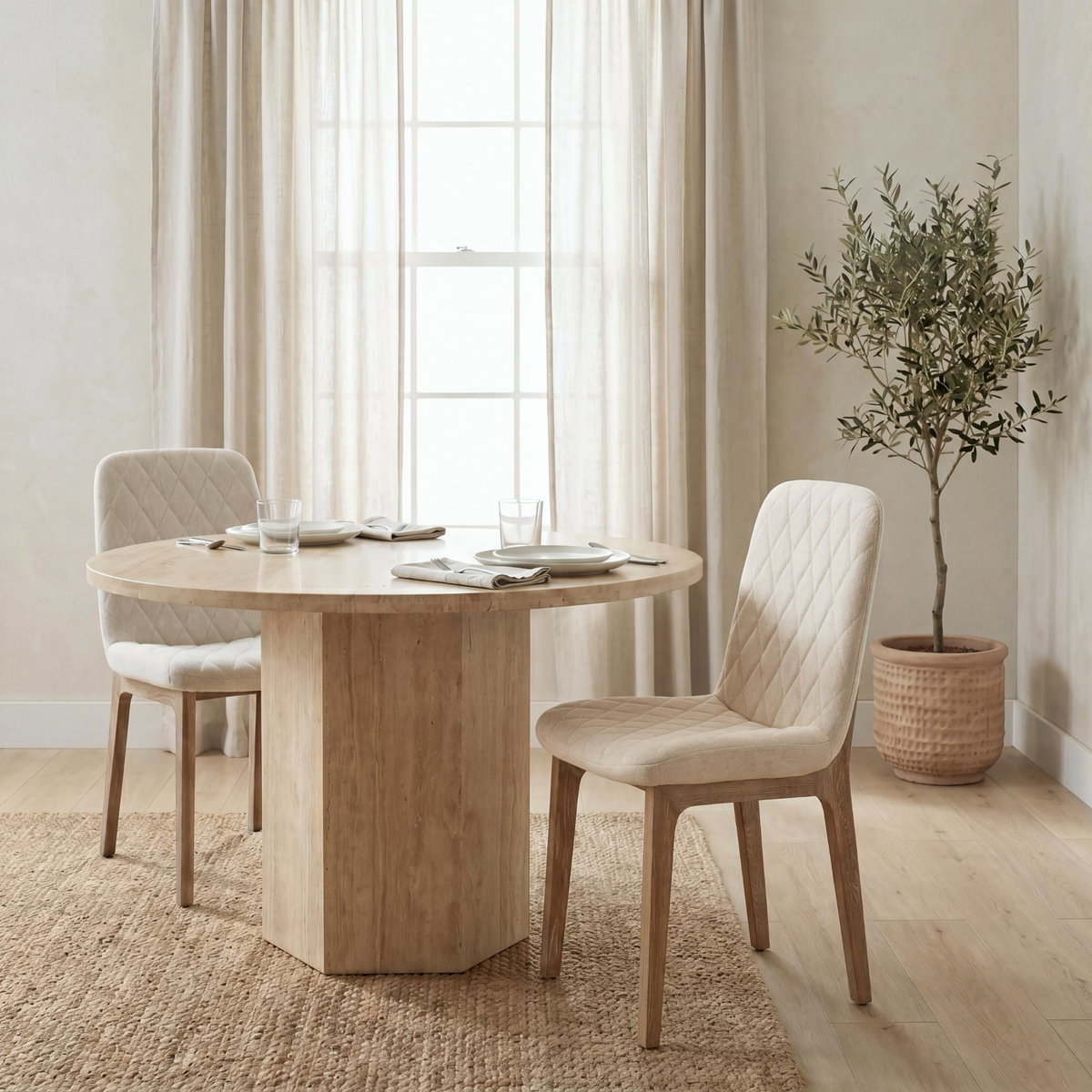 David Solid Back Dining Side Chair | Tuffed Cream Fabric with Brown Wood, Dining Chair by Mercana, 18.5" length x 26" width x 34.5" height View 4