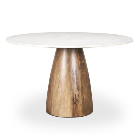 Allyson 48" Round Brown Wood Pedestal with White Marble Top Dining Table