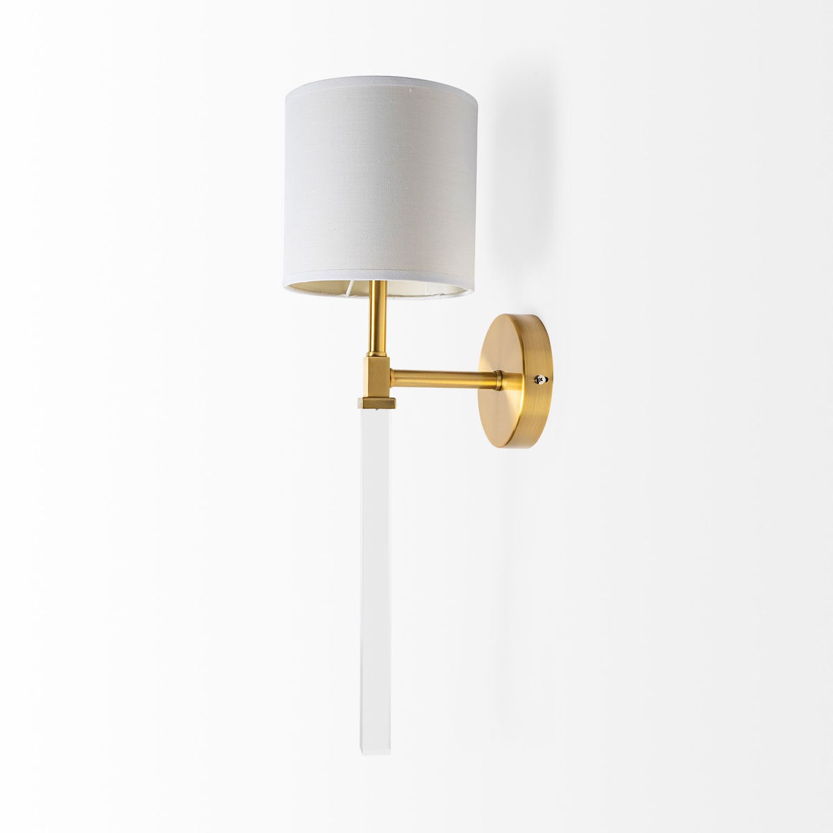 Santander II 6.5x22 Gold Metal and White Linen Shade Wall Sconce, by Mercana, 6.5" length x 8.75" width x 22" height View 4