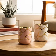 Online Designer Bedroom Storage Containers Ceramic And Stoneware Textured Boho Design Decorative Use Set Of 2 - 5" Ivory, Pink, Gold