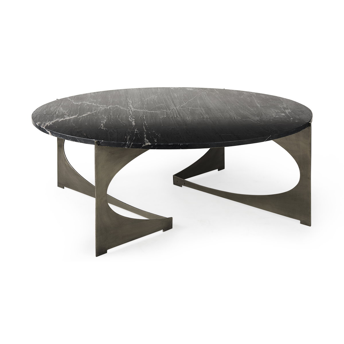 Reinhold III Black Marble Top Iron Coffee Table, by Mercana, 49" length x 49" width x 17.75" height View 1