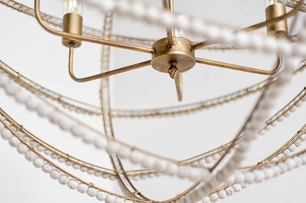 Ava White (34'D) Gold Metal and White Wood Beaded Six Bulb Chandelier, by Mercana, 34" length x 34" width x 34" height View 6