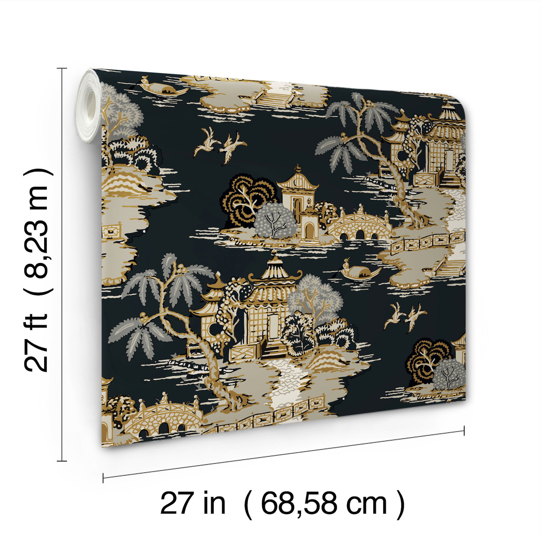Pagoda And Sampan Scenic Black Wallpaper, by York Wall, 27' length x 2'3" width x 0.02" depth View 8