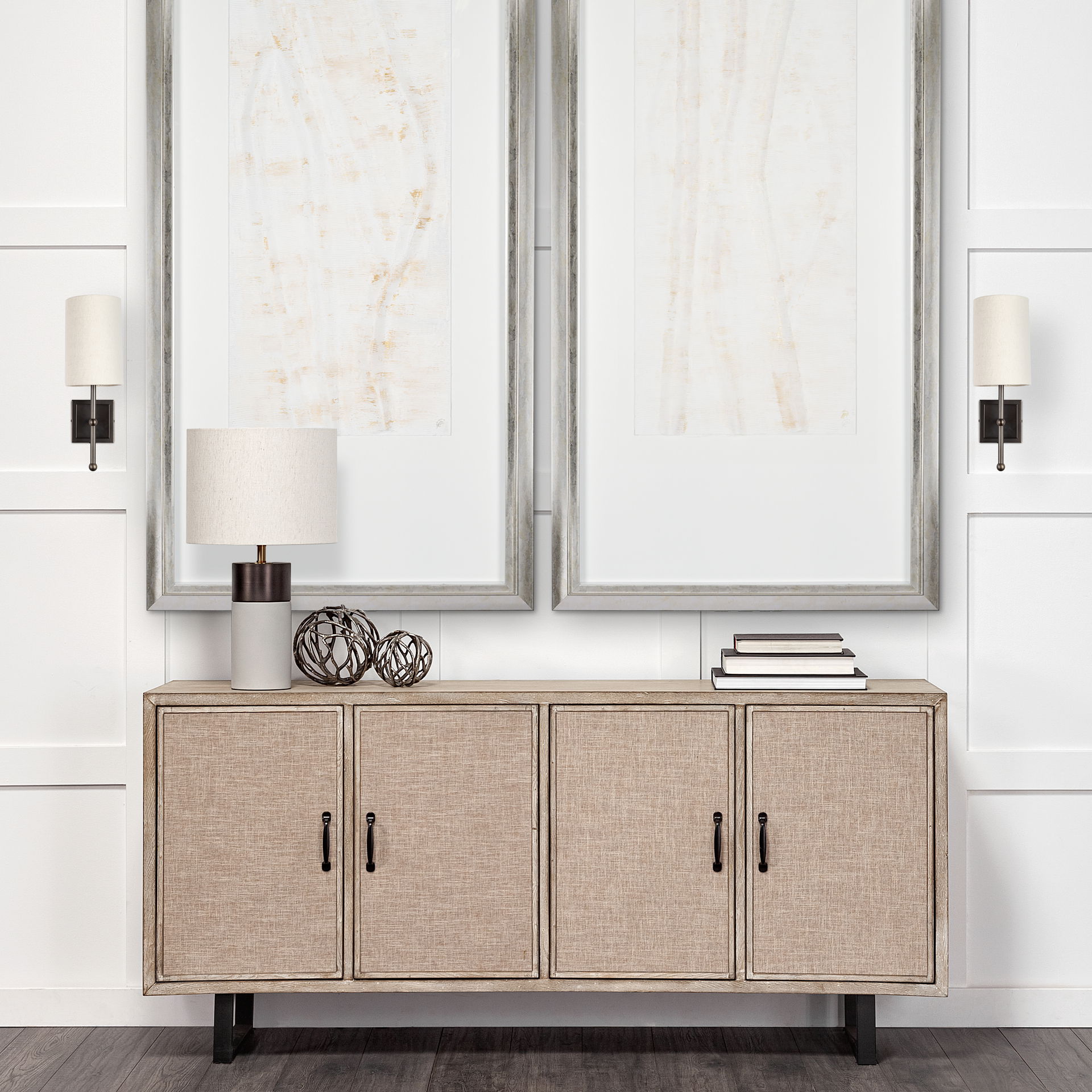 Bourgeois II 9x16 White Fabric Shade Brown Metal Base Wall Sconce, by Mercana, 9" length x 6" width x 16" height View 2