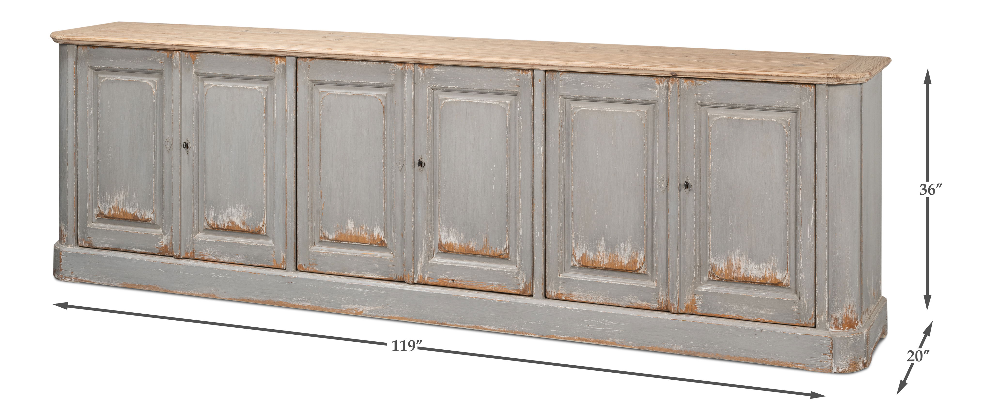 Karlsson Antique Swedish Grey Sideboard, Cabinets & Sideboard by Sarreid, 119" length x 20" width x 36" height View 13