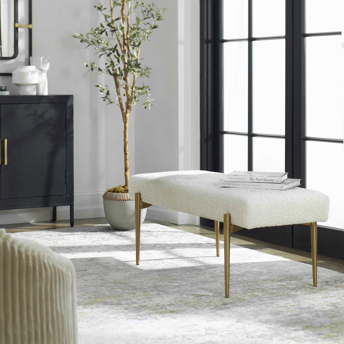 Olivier White Bench, Benche by Uttermost, 49" width x 19" height x 20" depth View 2