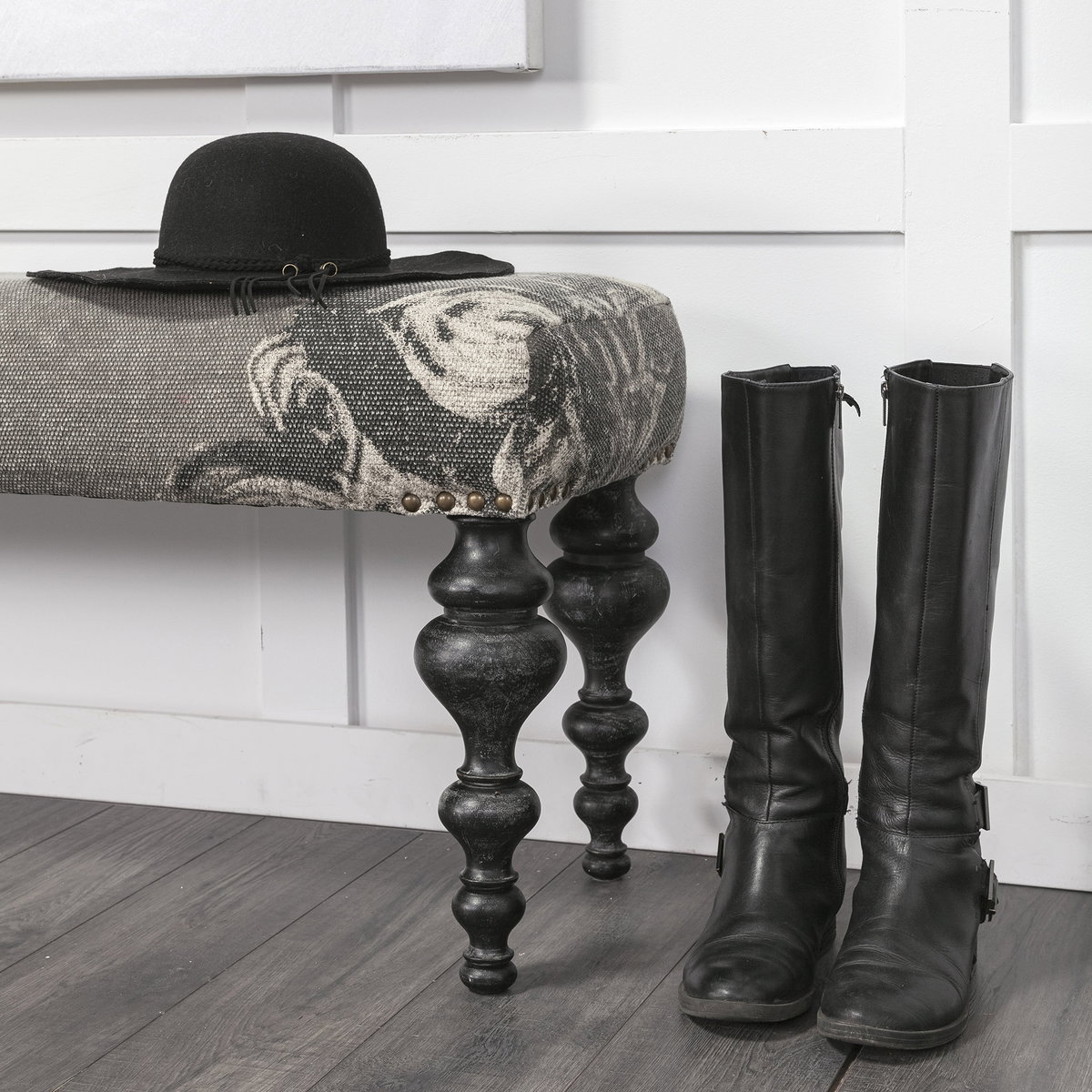 Alhambra 55L x 14W Upholstered Gray Seat with Black Wood Legs Accent Bench, Benche by Mercana, 55" length x 14" width x 18" height View 3