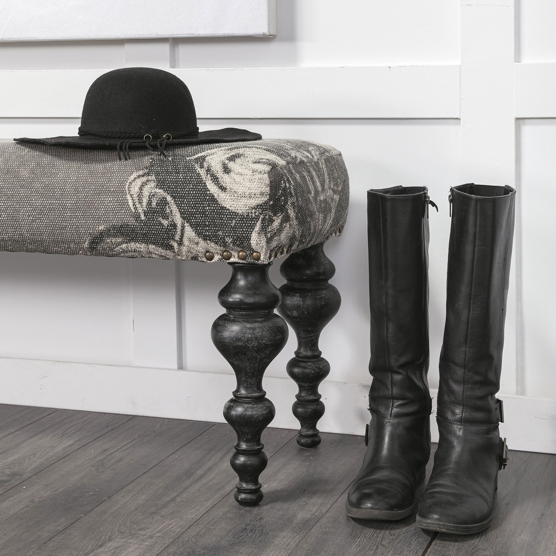 Alhambra 55L x 14W Upholstered Gray Seat with Black Wood Legs Accent Bench large image 