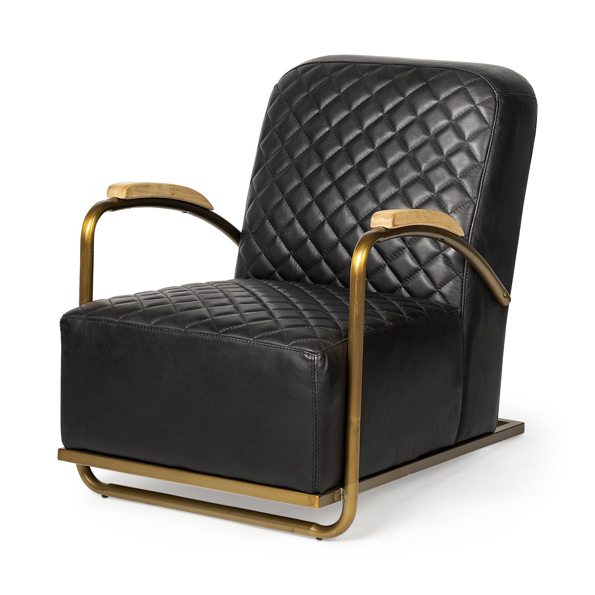 Horace I Black Leather Diamond Pattern with Gold Iron Frame Accent Chair, by Mercana, 26" length x 35.5" width x 31.25" height View 1