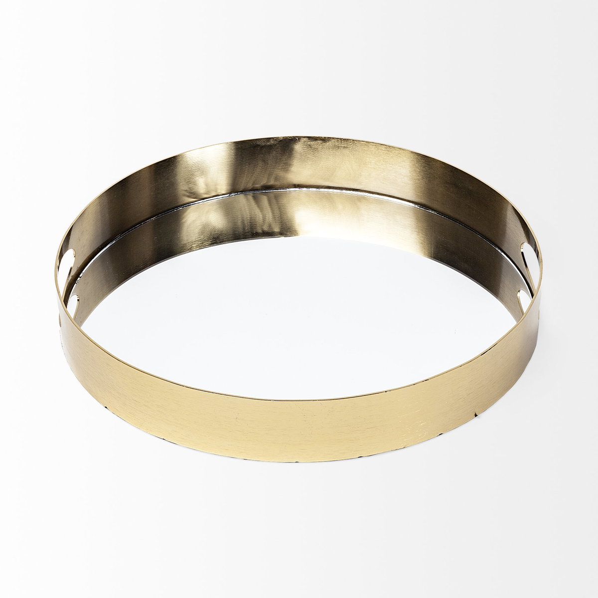 Serkis 15L x 15W Gold Metal Mirrored Base Round Tray, Decorative Tray by Mercana, 15.25" length x 15.25" width x 2.5" height View 5
