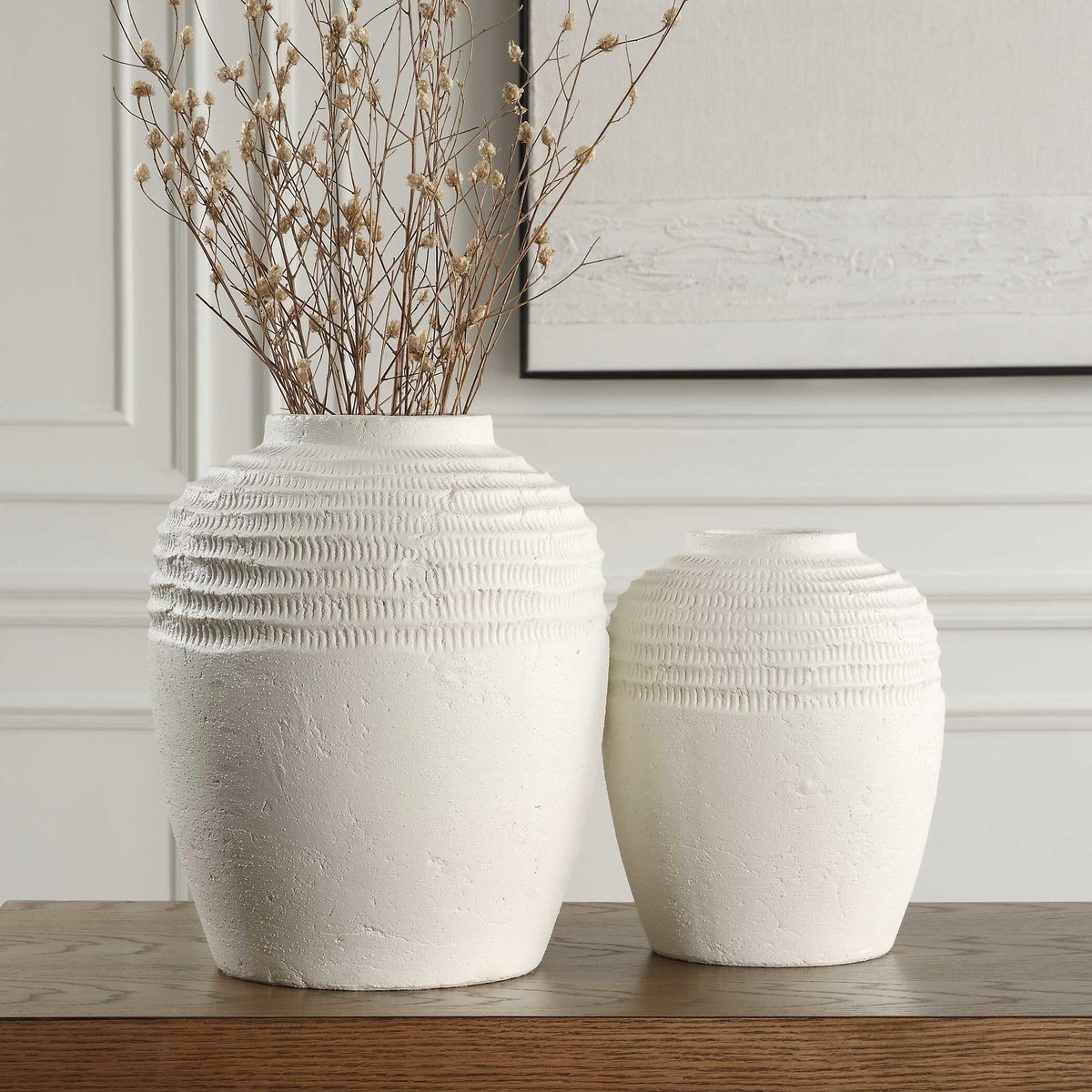 Luna Ridge White Ceramic Vases Set/2, by Uttermost, 11.75" width x 14.25" height x 11.75" depth View 2