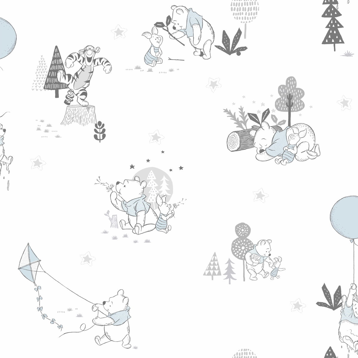 Disney Winnie the Pooh Playmates White & Blue Wallpaper, by York Wall, 33' length x 1'8.5" width x 0.02" depth