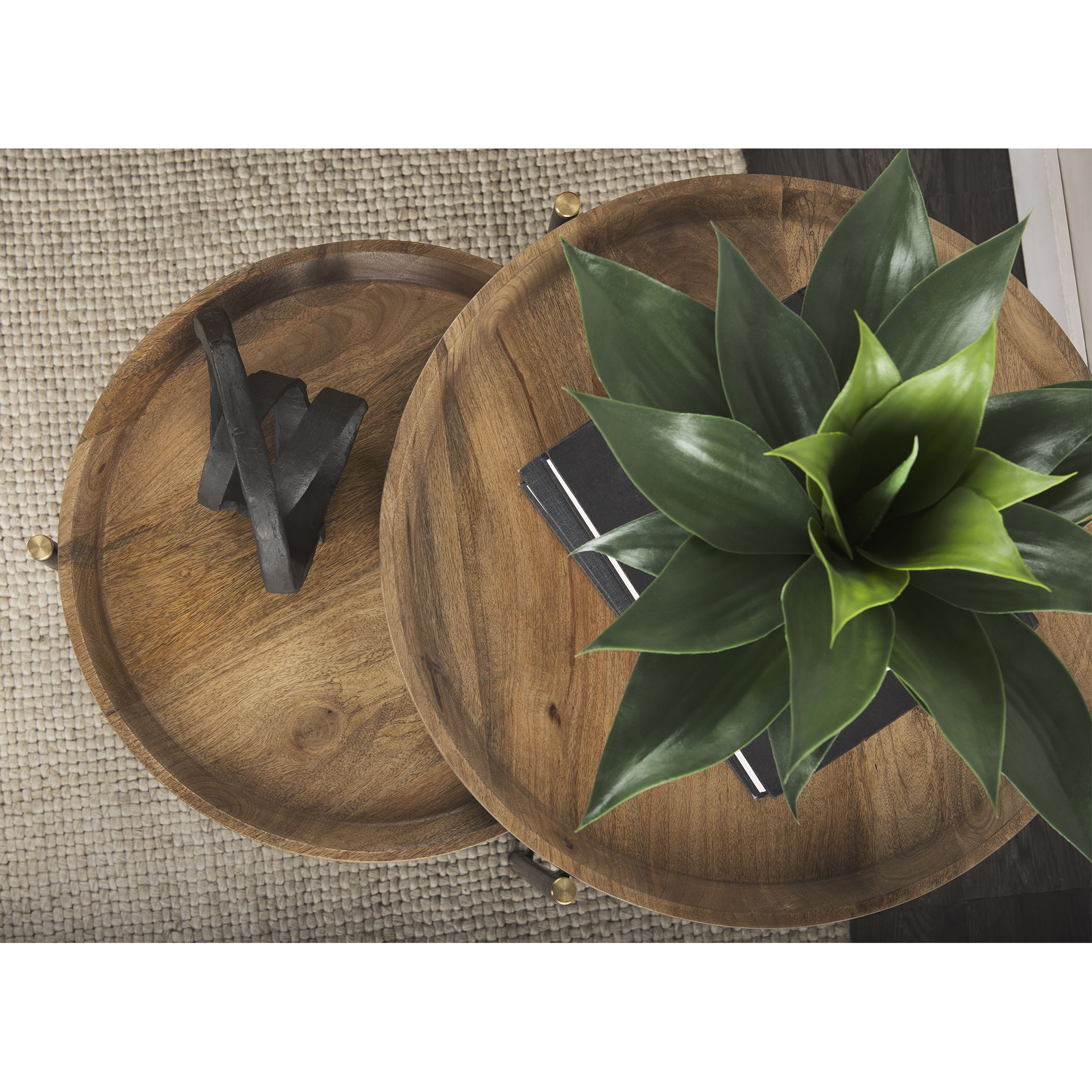 Marquisa (Set of 2)  Light Brown Wood with Black Metal Base Nesting Side Tables, Side & End Table by Mercana, 22.5" length x 22.5" width x 20.8" height View 5