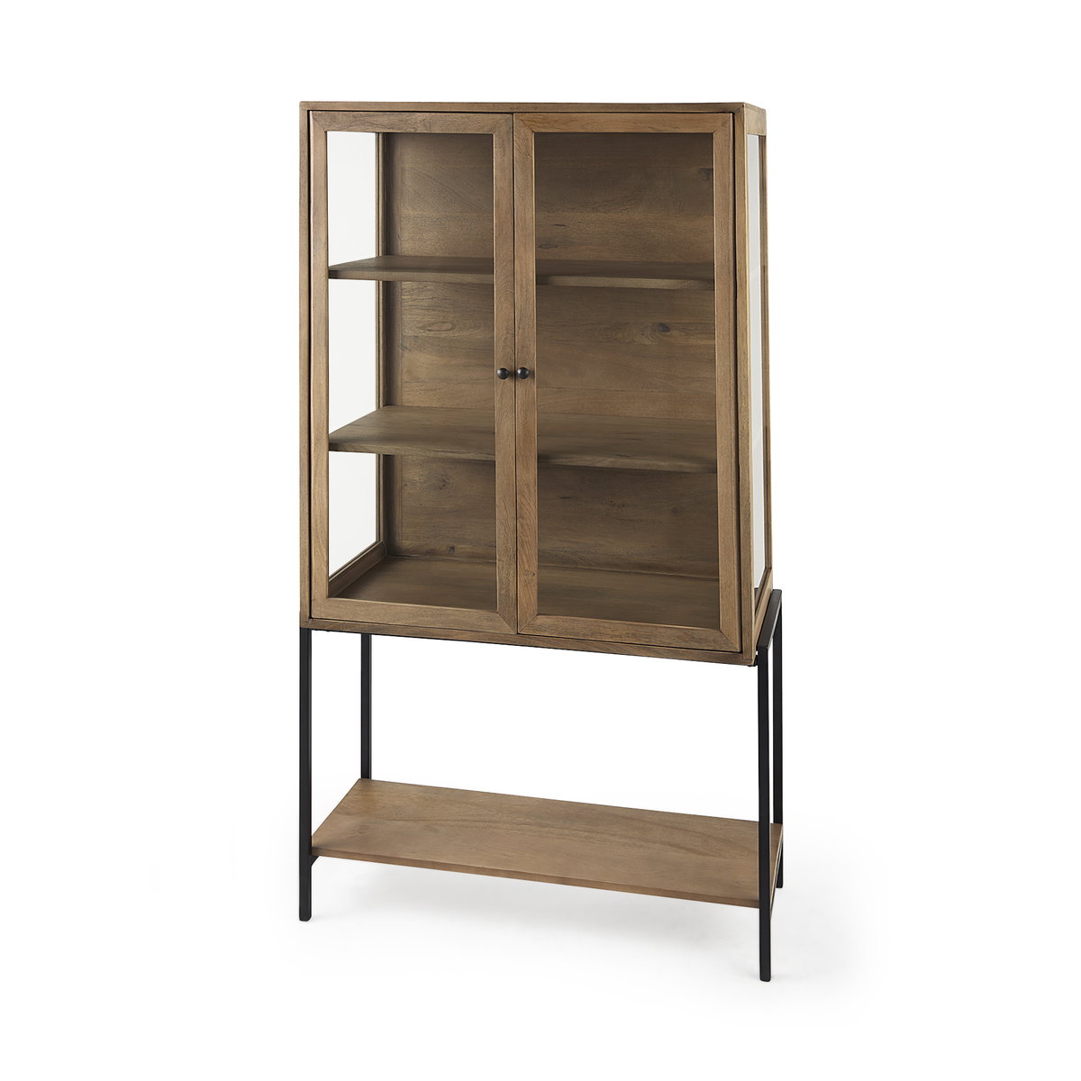 Arelius 36L x 18.75W x 63H Light Brown Wood with Black Metal Base Display Cabinet, Cabinets & Sideboard by Mercana, 36" length x 18.75" width x 63" height View 1