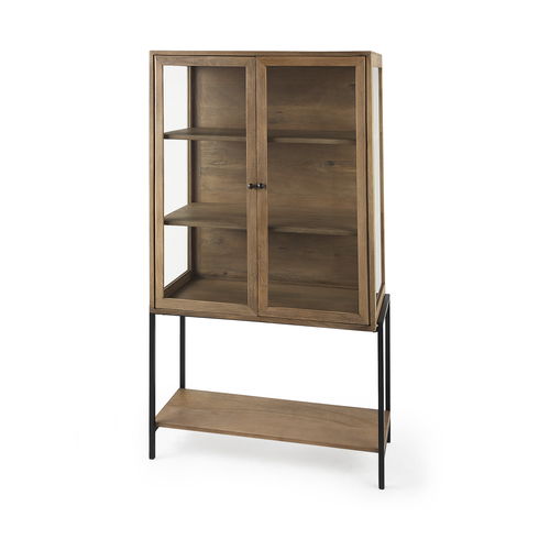 Arelius 36L x 18.75W x 63H Light Brown Wood with Black Metal Base Display Cabinet