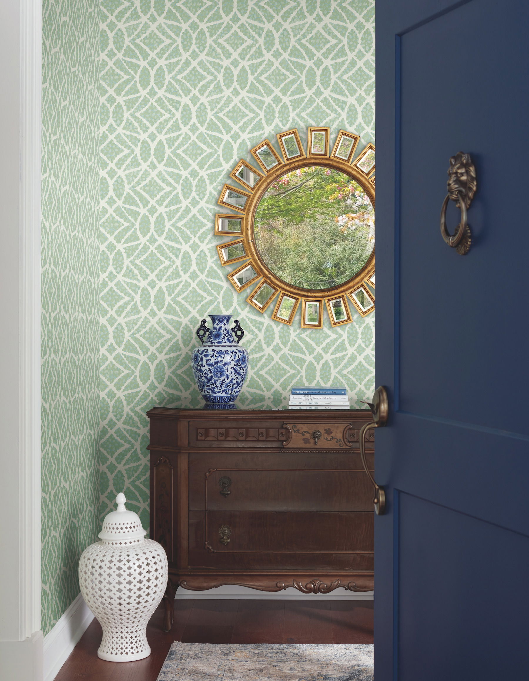 Boxwood Garden Teal Wallpaper, by York Wall, 27' length x 2'3" width x 0.02" depth View 2