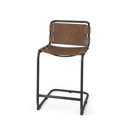 Berbick Low Back 26in Seat Counter Stool | Brown Leather with Gray Metal