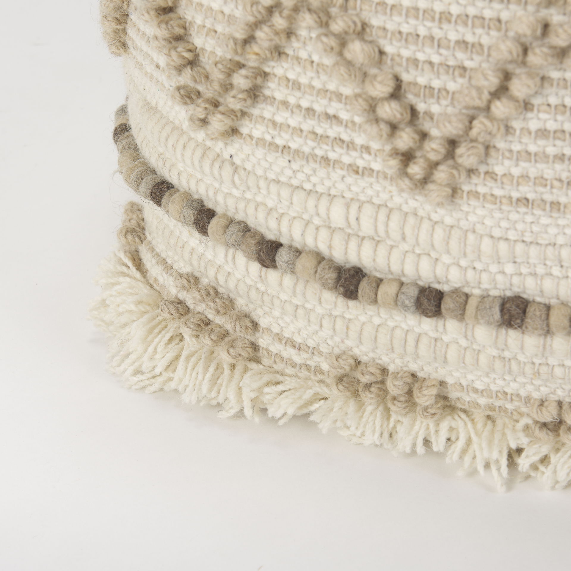 Caela Beige/Brown Wool, Cotton and Felt Popcorn Stitch Square Pouf large image 