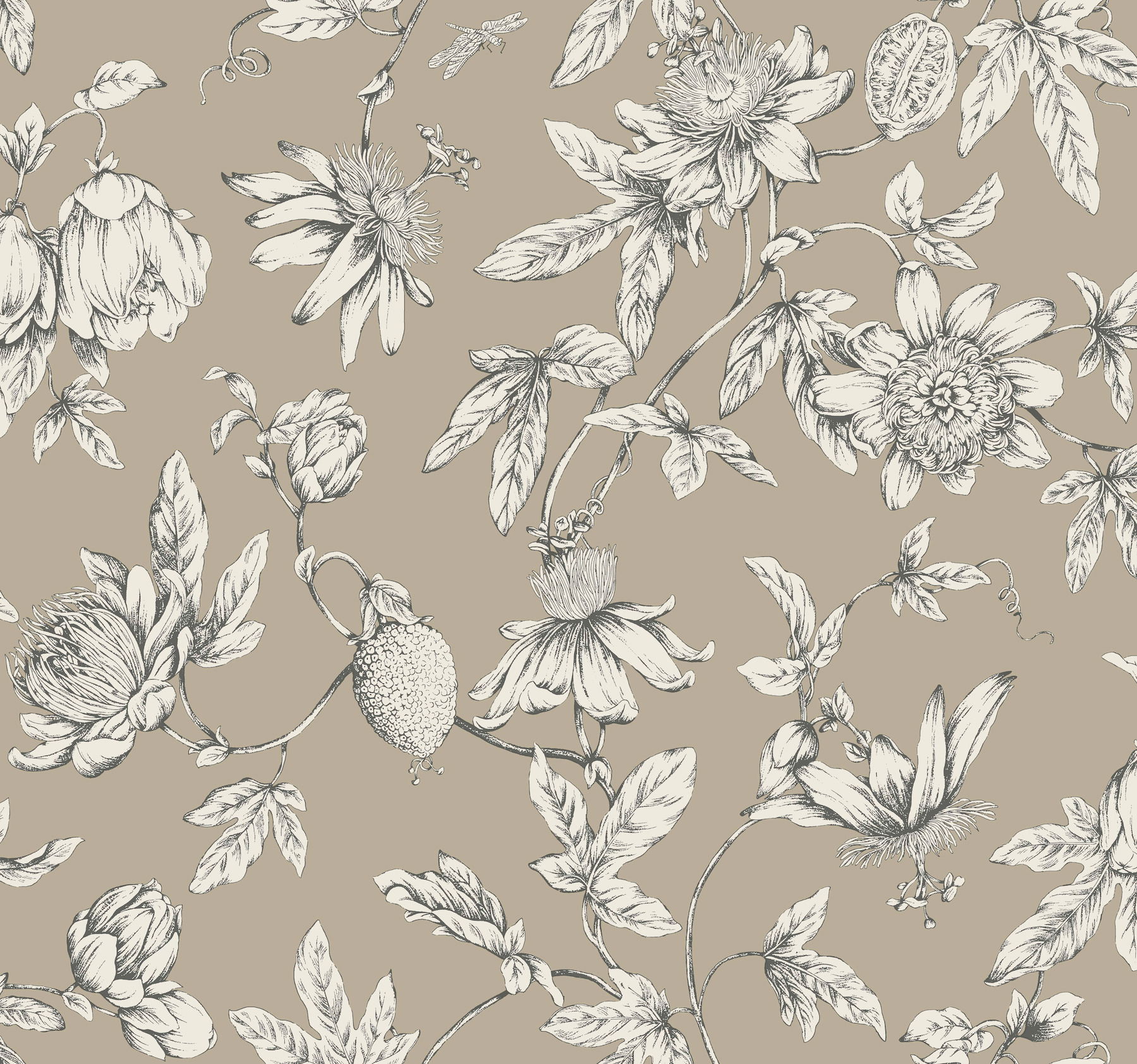 Passion Flower Toile Linen Wallpaper, by York Wall, 27' length x 2'3" width x 0.02" depth View 1