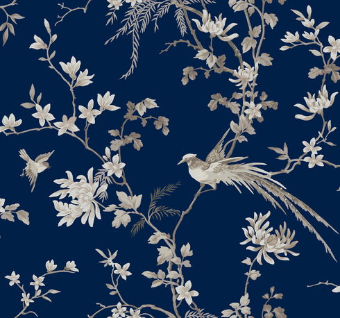 Bird & Blossom Chinoserie Blue Wallpaper