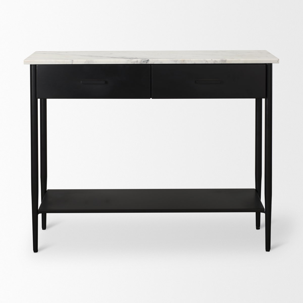 Amika White Marble Top Black Metal Base Console Table, by Mercana, 44" length x 12" width x 32" height View 4