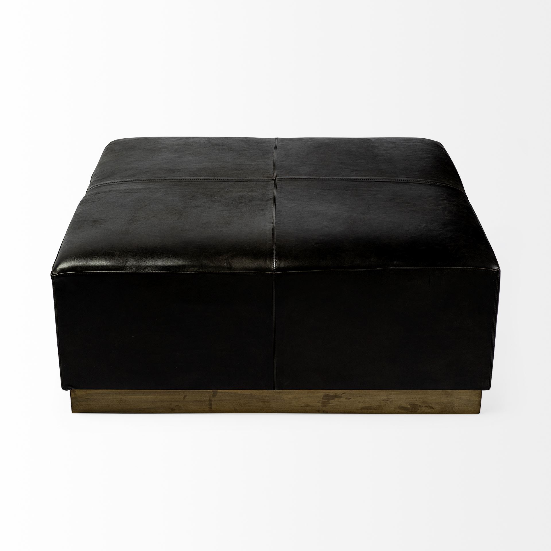 Minara 36' Square Black Leather Wrapped with Metal Base Ottoman, by Mercana, 36" length x 36" width x 16" height View 4