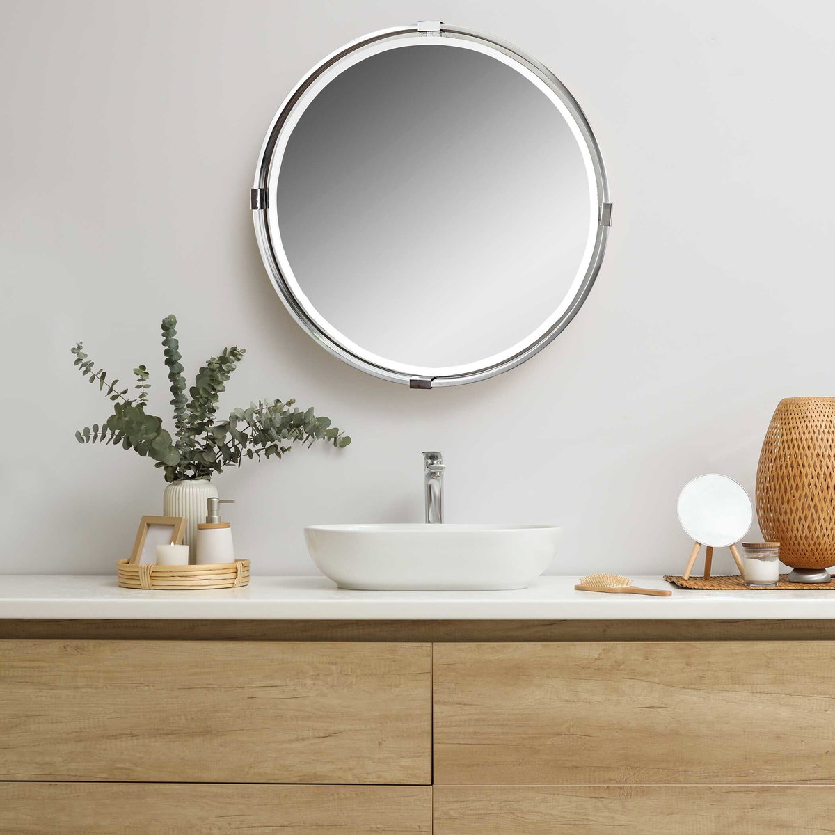Tazlina Brushed Nickel Round Mirror, by Uttermost, 29.5" width x 29.5" height x 2" depth View 2