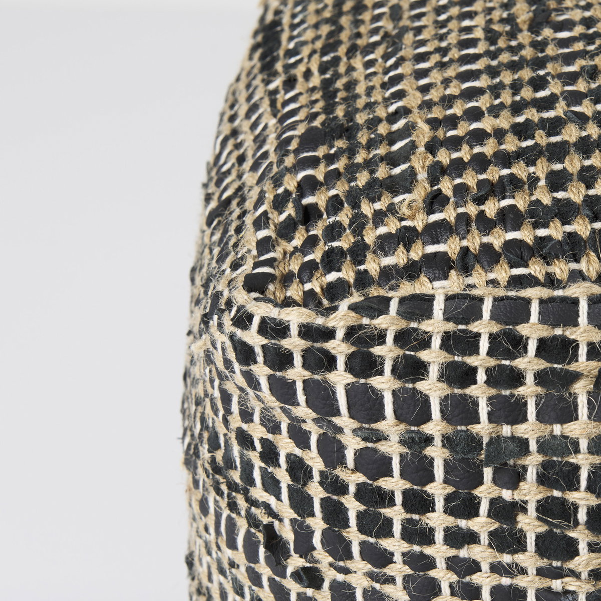 Aalia  Charcoal Leather and Jute Pouf, Ottoman by Mercana, 16" length x 16" width x 16" height View 6