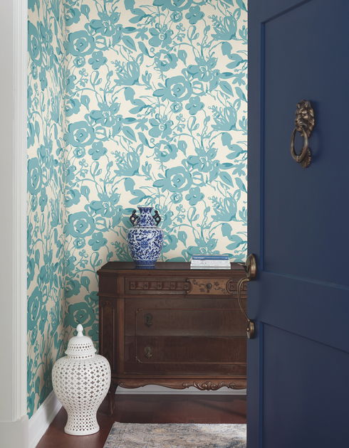 Brushstroke Floral Aqua Wallpaper