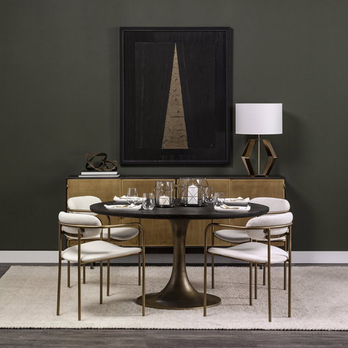 McLeod 54" Round Pedestal Dining Table | Modern | Brown Wood & Gold Metal | Seats 4