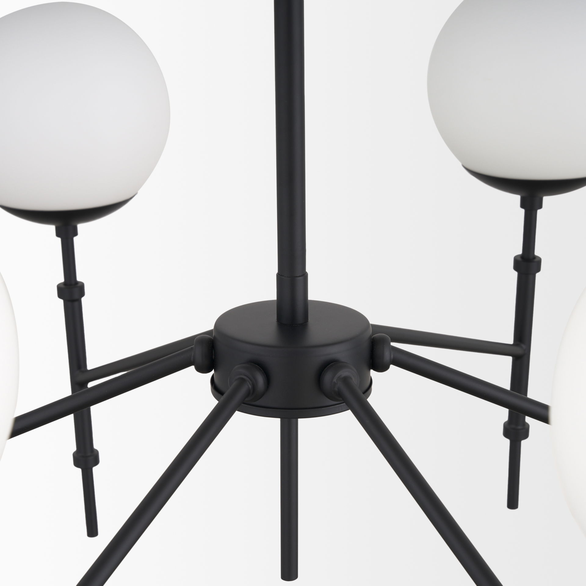 Edie Matte Black Metal with Frosted Glass Globes 6-Light Chandelier, by Mercana, 29.92" length x 29.92" width x 24.02" height View 8