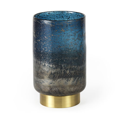 Caspian I Tall Blue Glass Antiqued Brass Bottom Vase