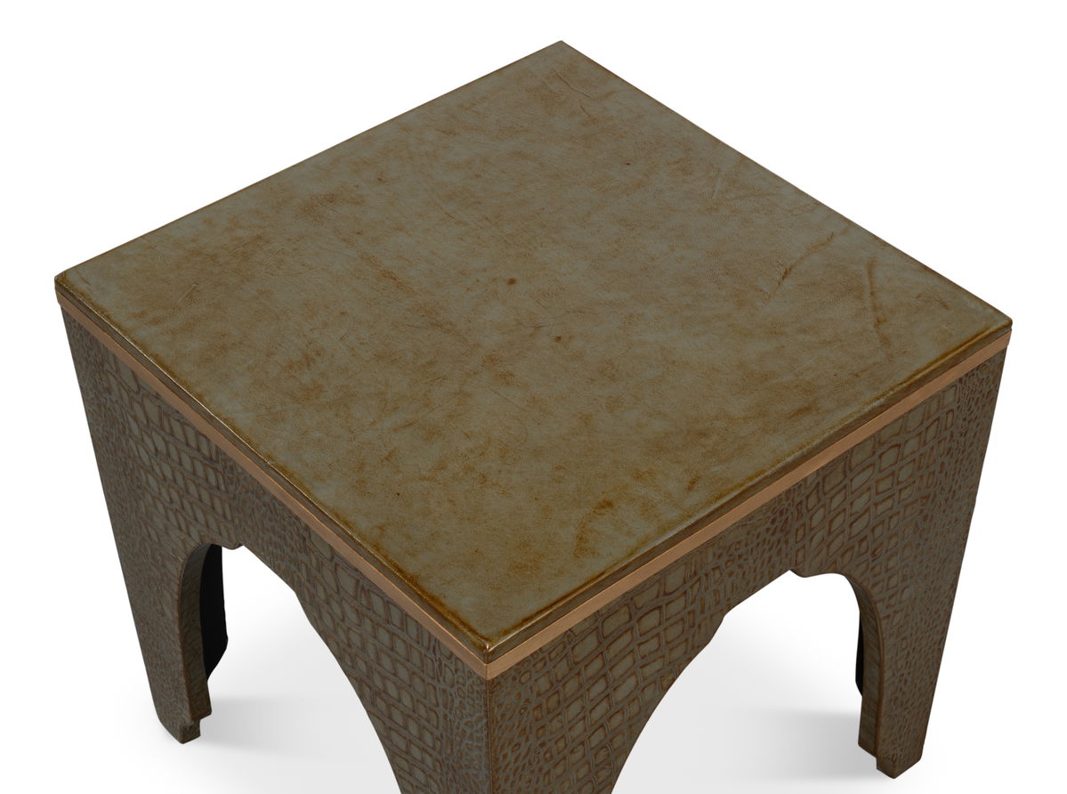 Croco Embossed Leather Stool  Ant. Green, by Sarreid, 1'6" length x 1'6" width x 10" height View 11