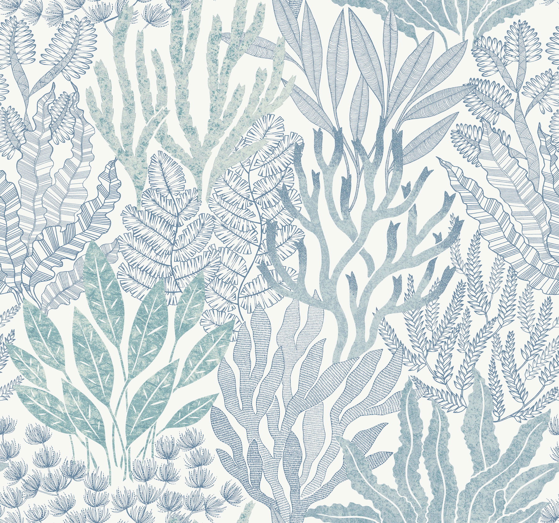 Coral Leaves Blue & Aqua Wallpaper, by York Wall, 27' length x 2'3" width x 0.02" depth View 1